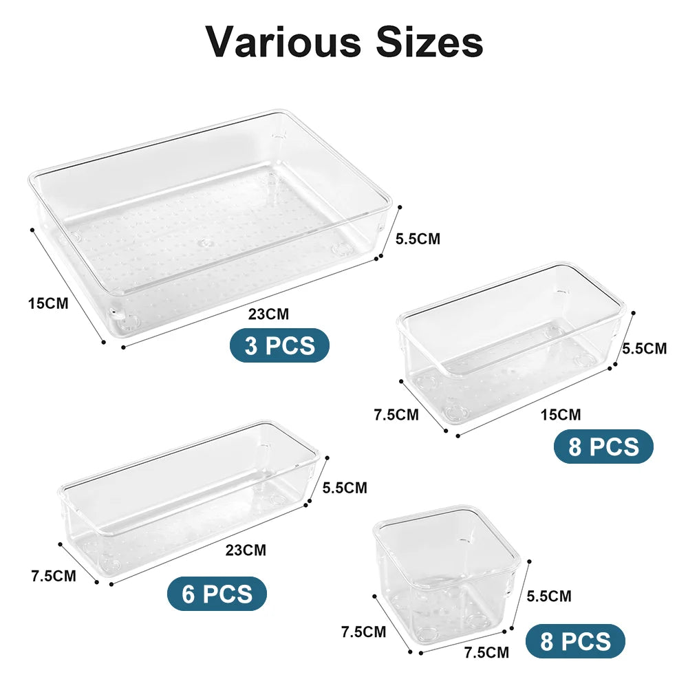 25pcs Versatile Drawer Organizer Set - Clear Plastic Trays in 4 Sizes for Perfect Makeup and Kitchen Storage