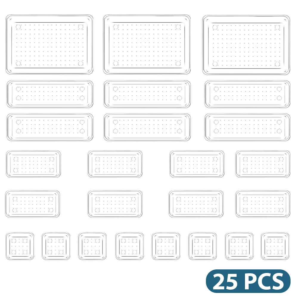 25pcs Versatile Drawer Organizer Set - Clear Plastic Trays in 4 Sizes for Perfect Makeup and Kitchen Storage